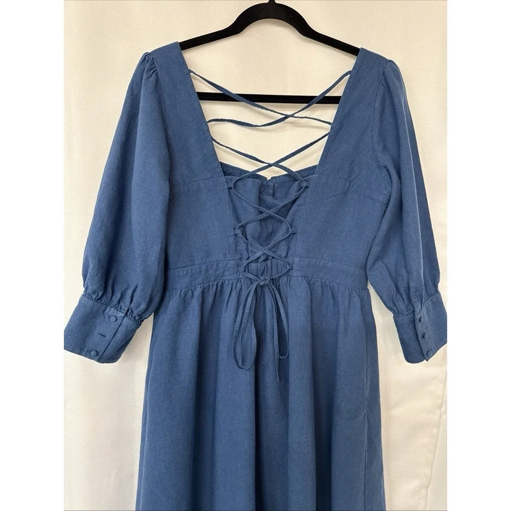 Gaala Paris Esther Midi Button Down Dress Sz 42 Blue Linen Cotton Blend Pockets
